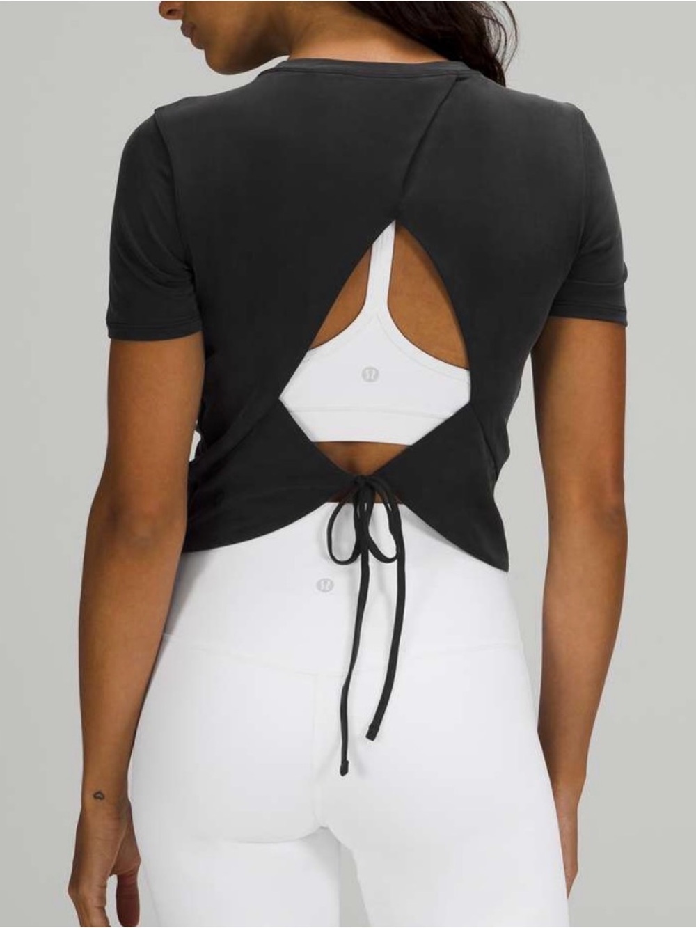 Lululemon Open Back-Tie Short Sleeve Training Top Black Graphite Yoga Tee 2